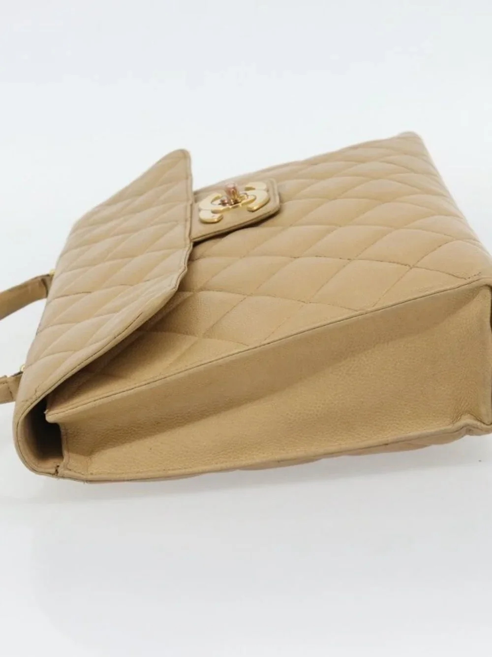 CHANEL Matelasse Business Bag Grained Calf Skin Beige Gold CC Auth bs35346